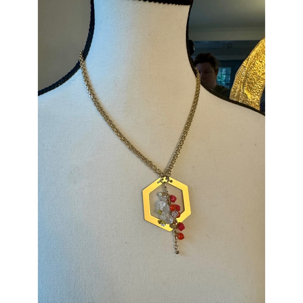 Lucky Brand Gold Tone Hexagon Pendant Necklace Red Beads Boho Layered Chain